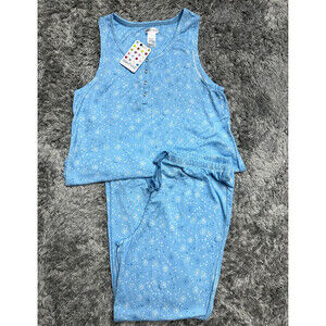Saint Eve Women's Snap Neck Pajama Tank And Jogger PJ Set In Blue Stars Size M